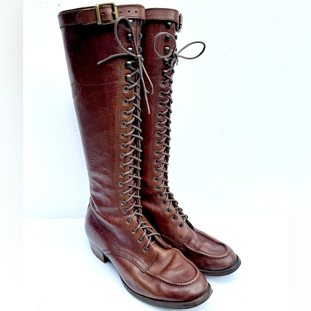 Ralph Lauren Vintage Riding Laced Boots Veg Tan Leather Made in Italy Knee High